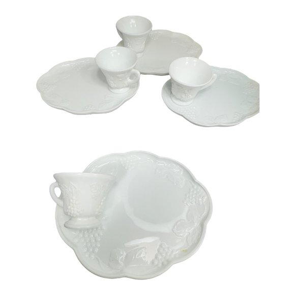 Indiana Colony Tea Cup Plate Milk Glass White Harvest Grape Snack Trays Set of 4 - Picture 6 of 10